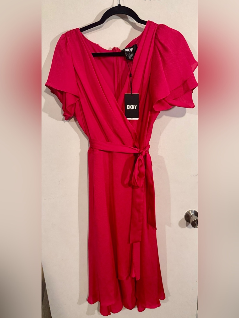 DKNY Hot Pink Faux-Wrap Midi Dress with Flutter Sleeves - New With Tags